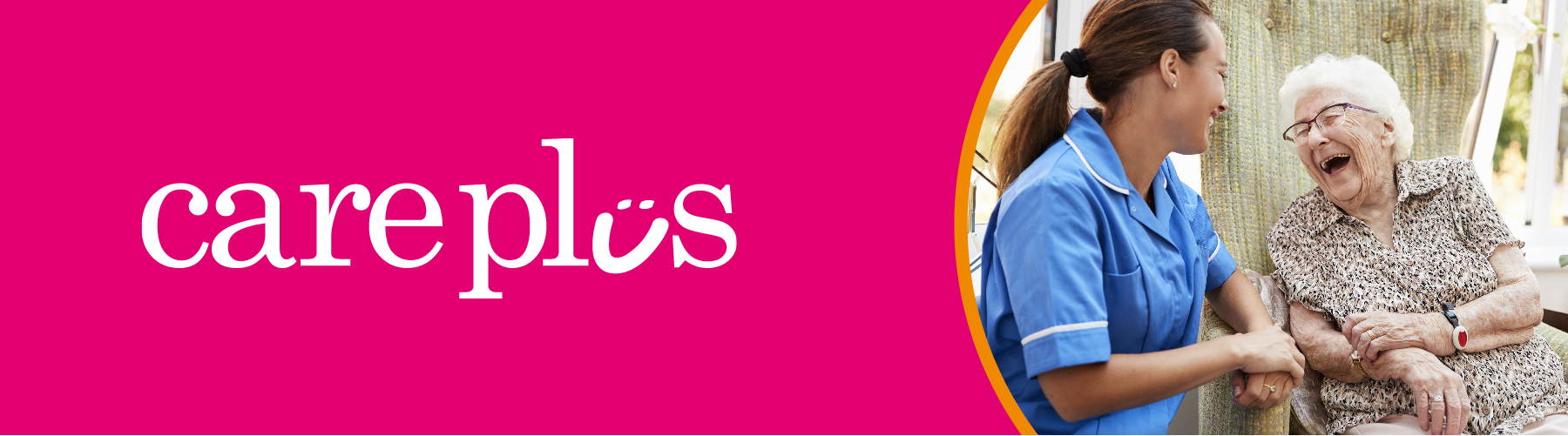 Care Plus logo in white on a pink background with a photo of a female nurse with an elderly lady
