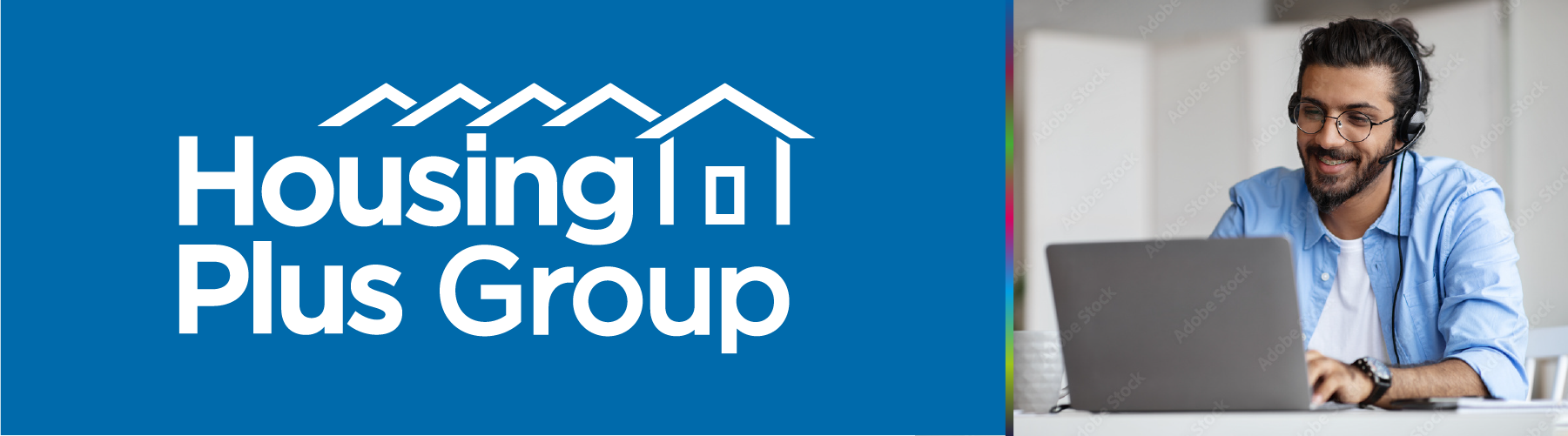 Housing Plus Group logo in white on a blue background with a photo of a dark haired man at a laptop computer in a telephone headset