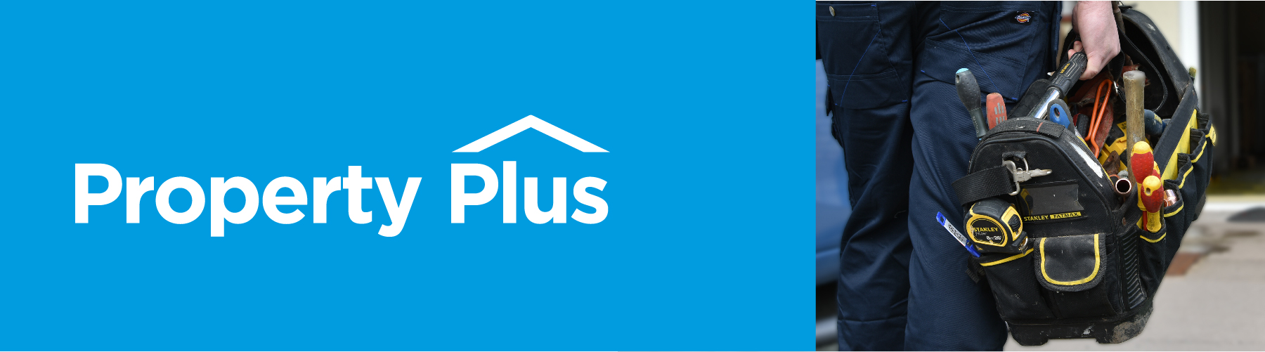 Property Plus logo in white on a blue background with a photo of a tool box being held by a work person