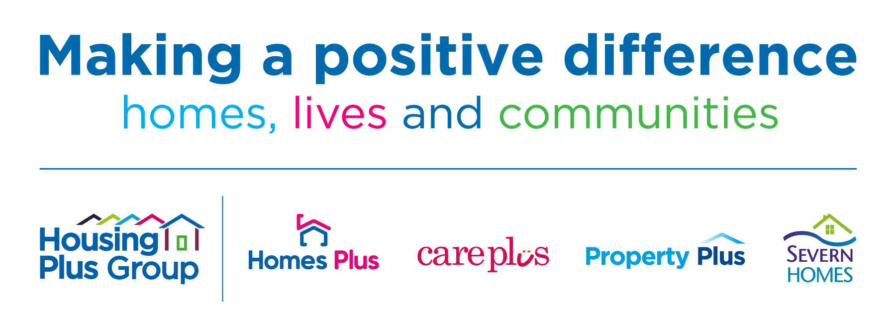 Housing Plus Group vision - Making a positive difference, homes, lives and communities. Plus Housing Plus Group logo with Homes Plus, Care Plus, Property Plus and Severn Homes logos
