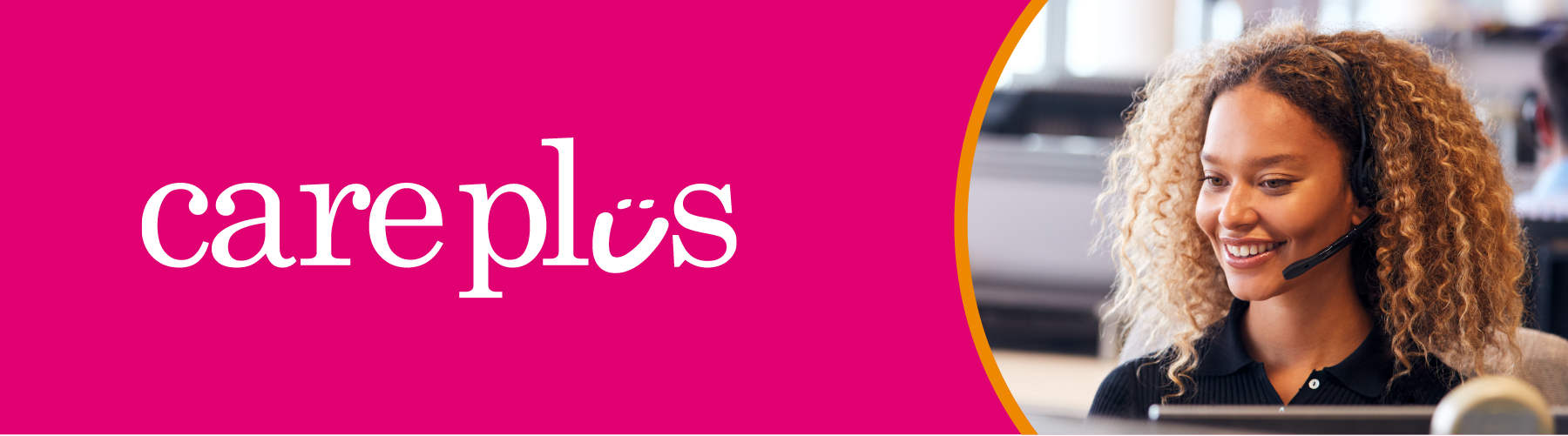 Care Plus logo in white on a pink background with a photo of a female